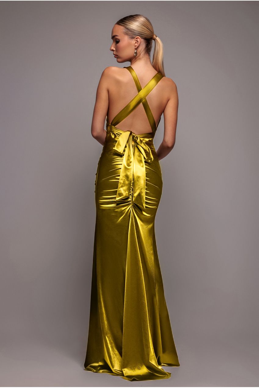 Goddiva Multi-Tied Satin Gathered Ring Maxi Dress - Lime Green