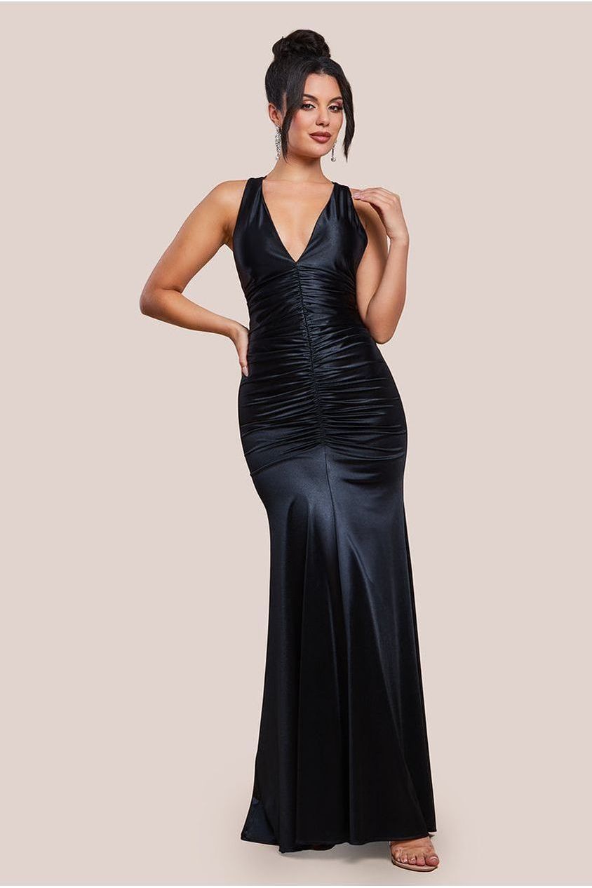 Goddiva Multi-Tied Satin Gathered Ring Maxi Dress - Black