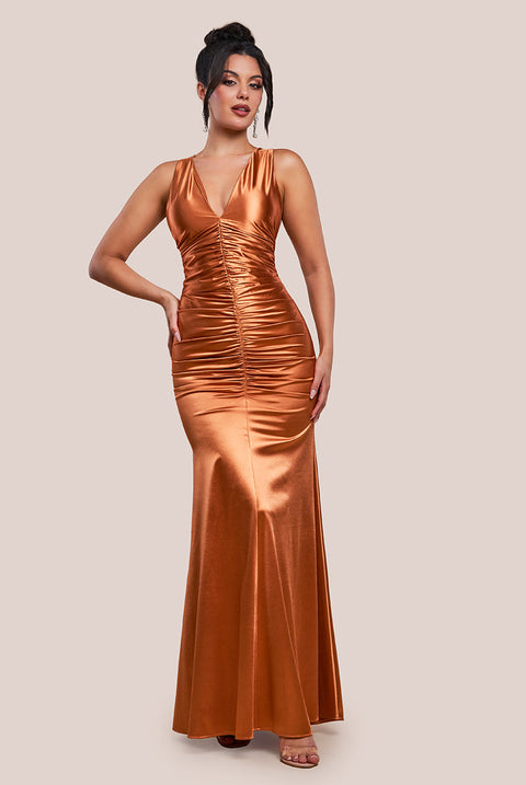 Goddiva Multi-Tied Satin Gathered Ring Maxi Dress - Bronze