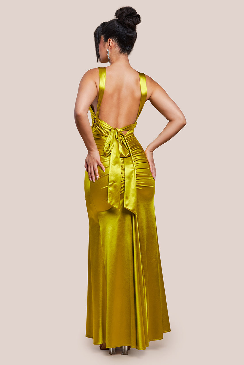 Goddiva Multi-Tied Satin Gathered Ring Maxi Dress - Lime Green