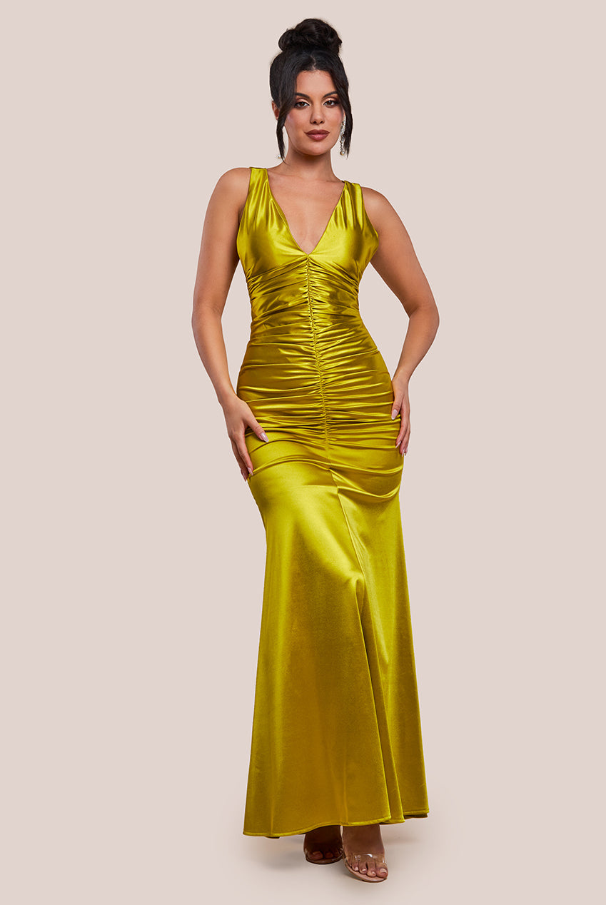 Goddiva Multi-Tied Satin Gathered Ring Maxi Dress - Lime