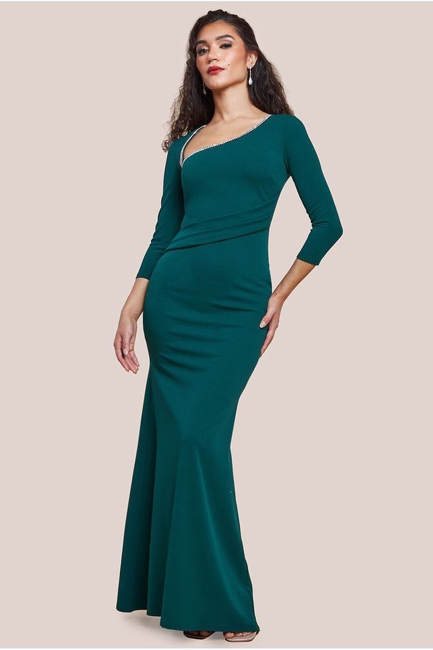 Goddiva Asymmetric Neck Diamante Embellished Maxi Dress - Emerald Green