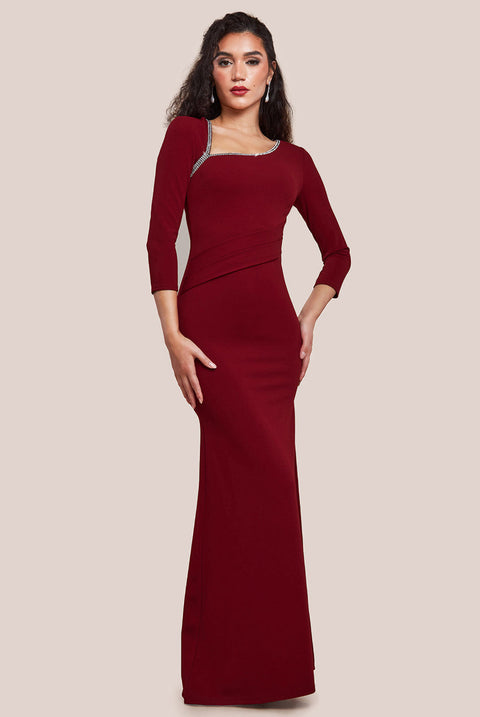 Goddiva Asymmetric Neck Diamante Embellished Maxi Dress - Wine