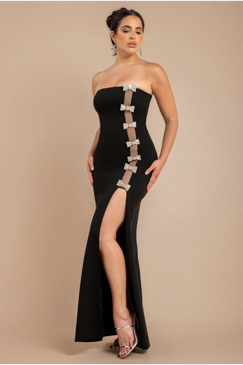 Goddiva Bow Embellished Strapless Mermaid Maxi Dress - Black