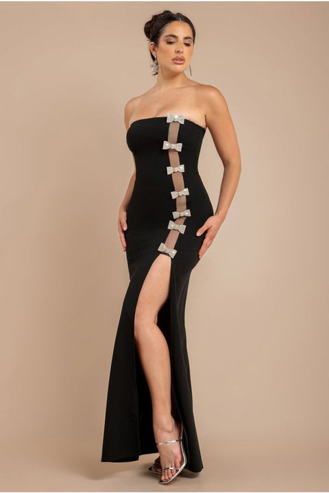 Goddiva Bow Embellished Strapless Mermaid Maxi Dress - Black