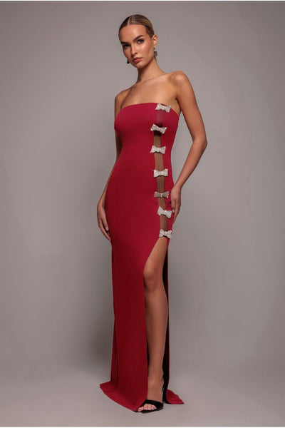 Wine - Goddiva Bow Embellished Strapless Mermaid Maxi Dress - Wine