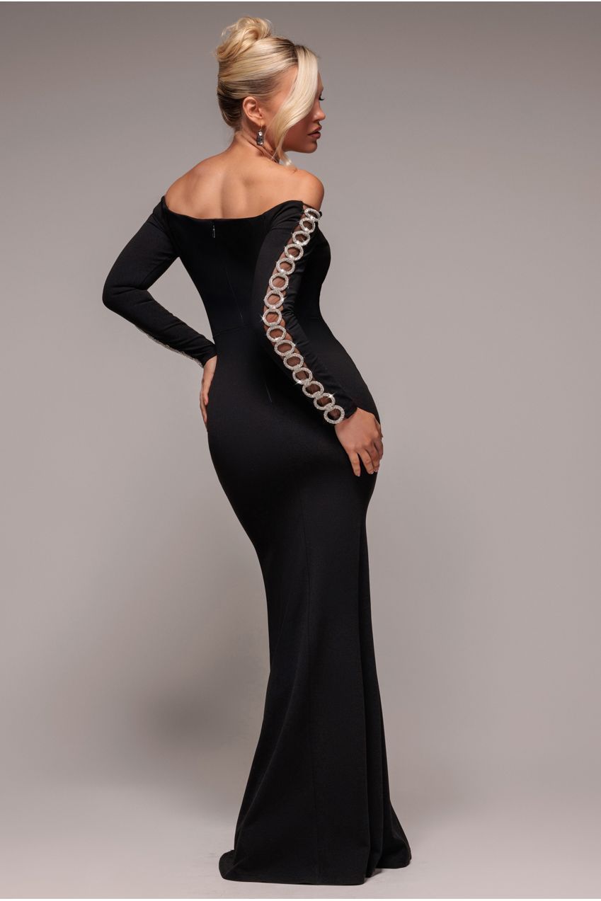 Goddiva Embellished Diamante Sleeve Bardot Maxi Dress - Black