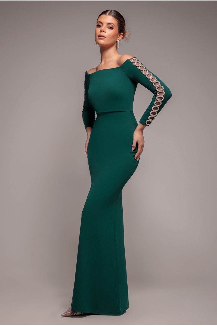 Goddiva Embellished Diamante Sleeve Bardot Maxi Dress - Emerald Green