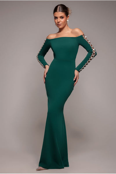 Emerald - Goddiva Embellished Diamante Sleeve Bardot Maxi Dress - Emerald Green