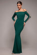 Goddiva Embellished Diamante Sleeve Bardot Maxi Dress - Emerald Green