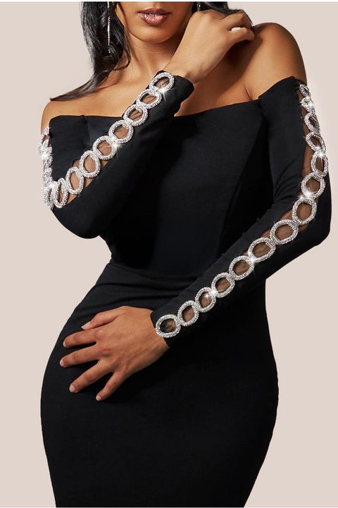 Goddiva Embellished Diamante Sleeve Bardot Maxi Dress - Black