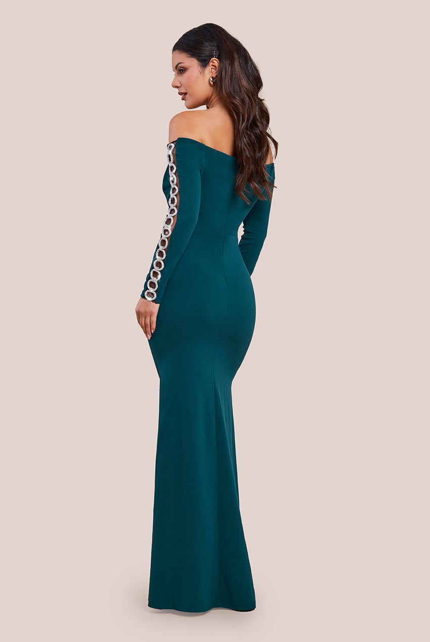 Goddiva Embellished Diamante Sleeve Bardot Maxi Dress - Emerald Green