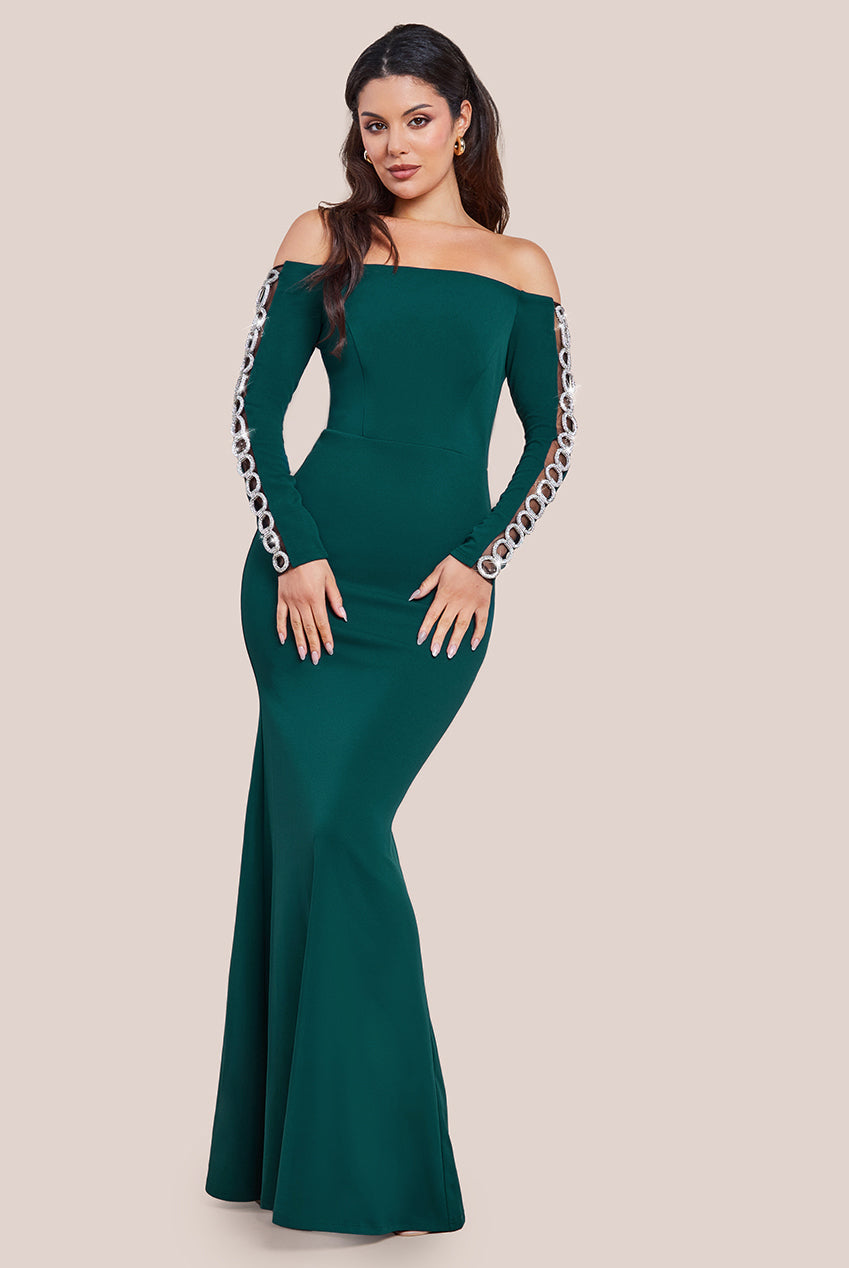 Goddiva Embellished Diamante Sleeve Bardot Maxi Dress - Emerald Green