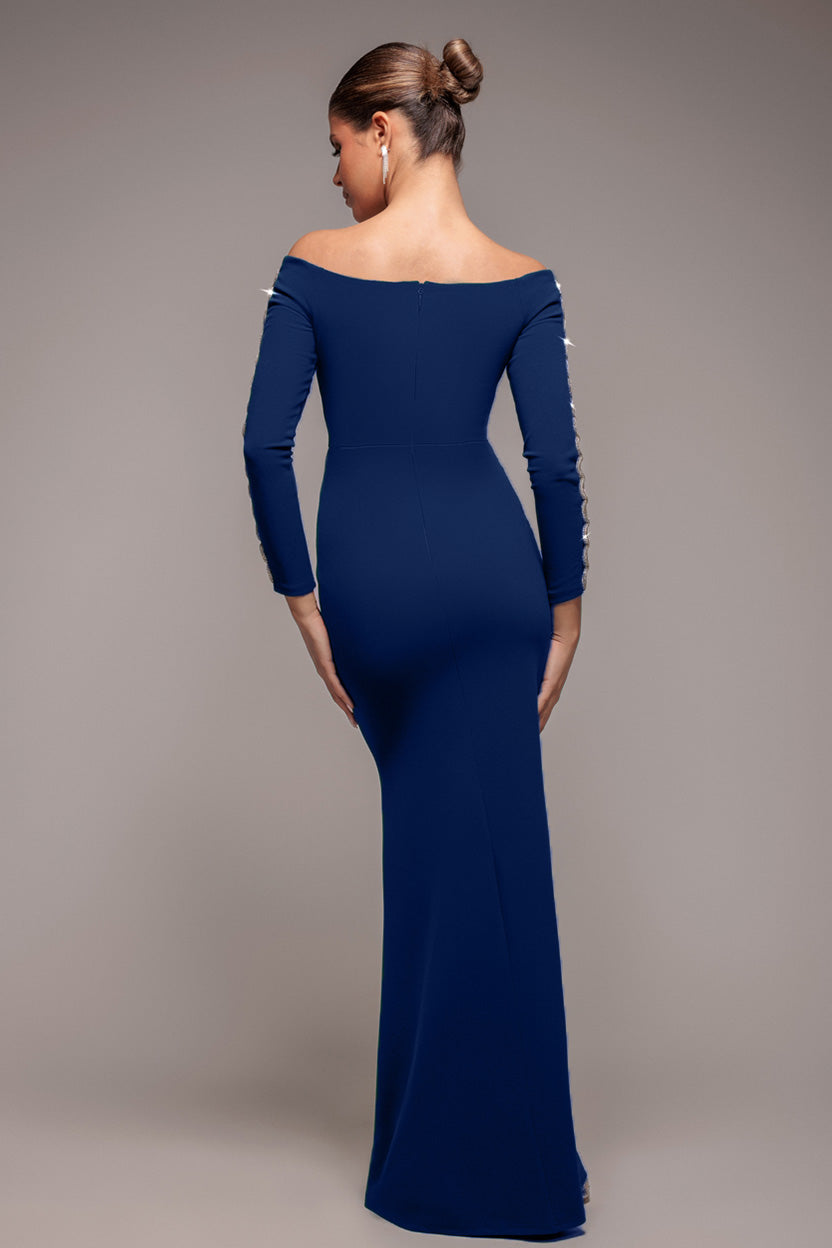 Goddiva Embellished Diamante Sleeve Bardot Maxi Dress - Navy