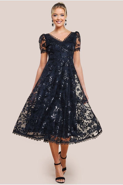 Black - Goddiva Sequin Lace Short Sleeve A-Line Midi Dress - Black