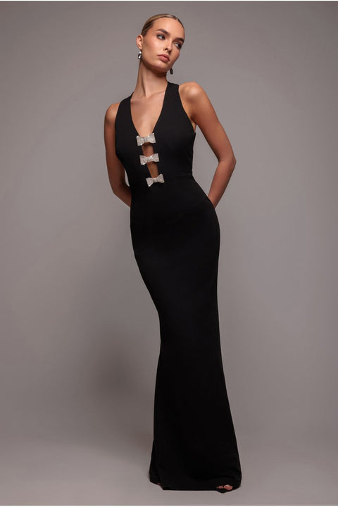 Goddiva Embellished Diamante Bow Mermaid Halter Neck Maxi Dress - Black
