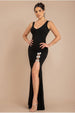 Goddiva Diamante Brooch Thigh Split Mermaid Maxi Dress - Black