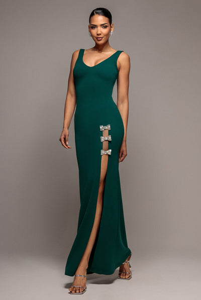 Emerald - Goddiva Diamante Brooch Thigh Split Mermaid Maxi Dress - Emerald