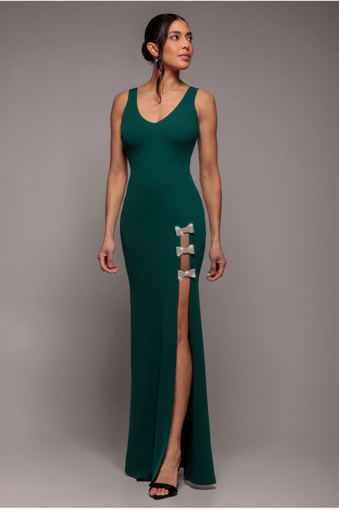 Goddiva Diamante Brooch Thigh Split Mermaid Maxi Dress - Emerald