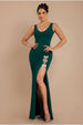 Goddiva Diamante Brooch Thigh Split Mermaid Maxi Dress - Emerald