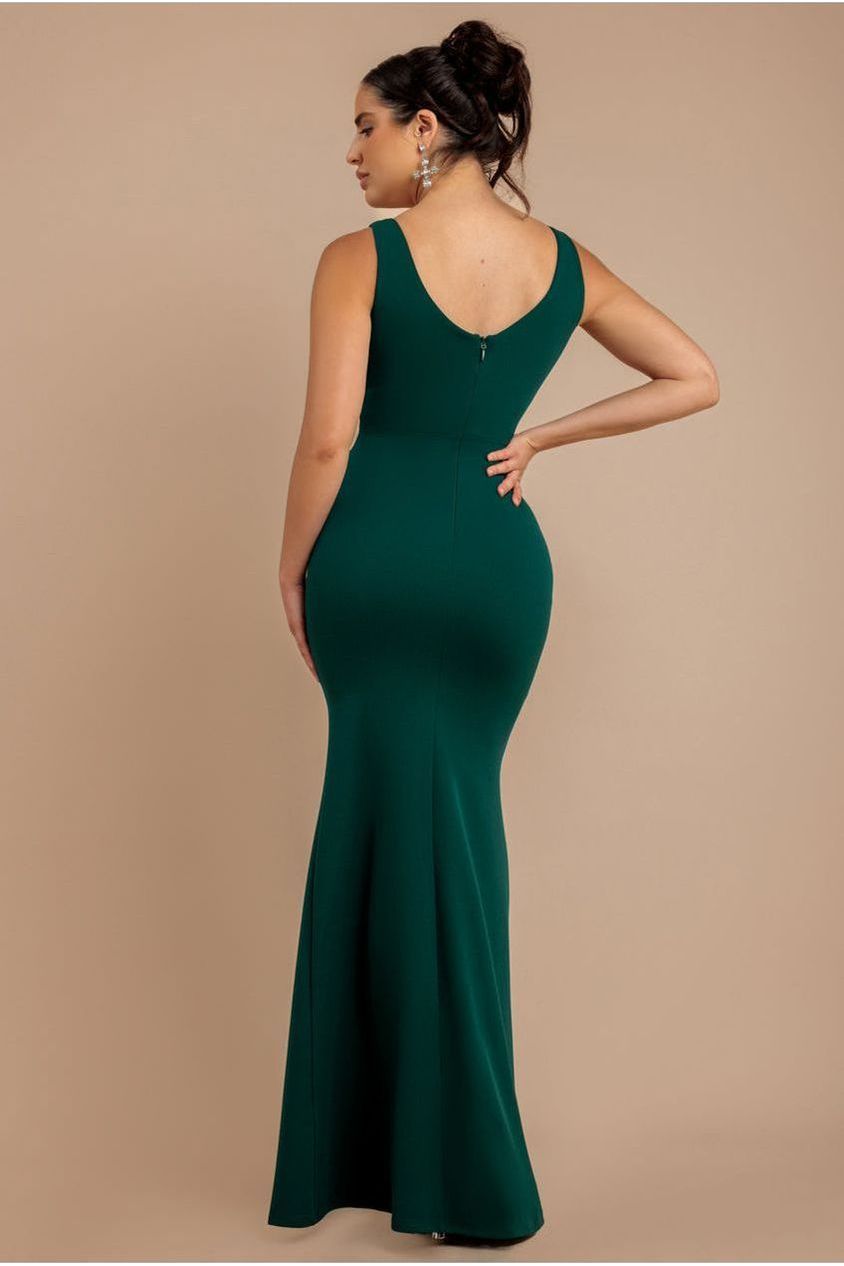 Goddiva Diamante Brooch Thigh Split Mermaid Maxi Dress - Emerald