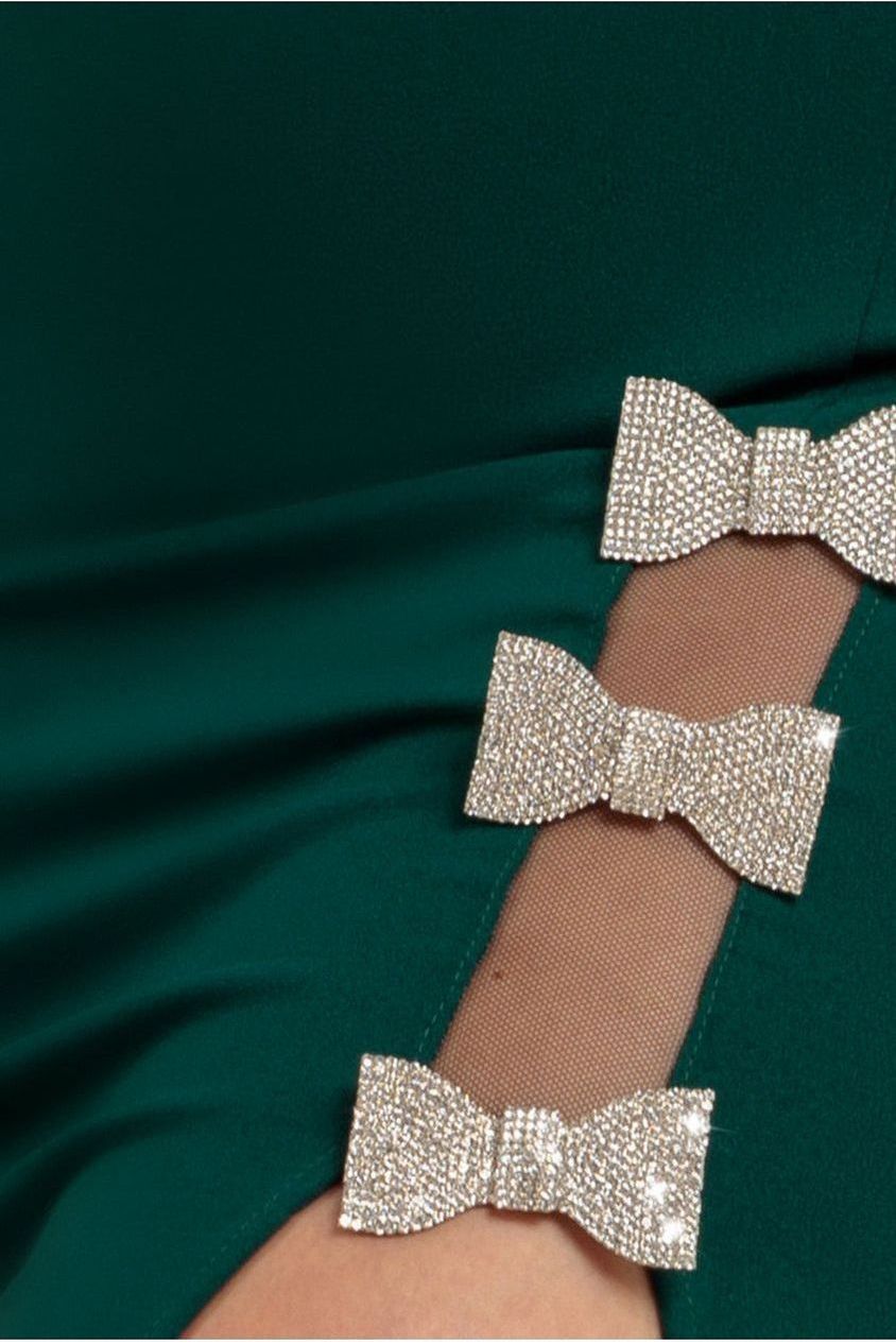 Goddiva Diamante Brooch Thigh Split Mermaid Maxi Dress - Emerald