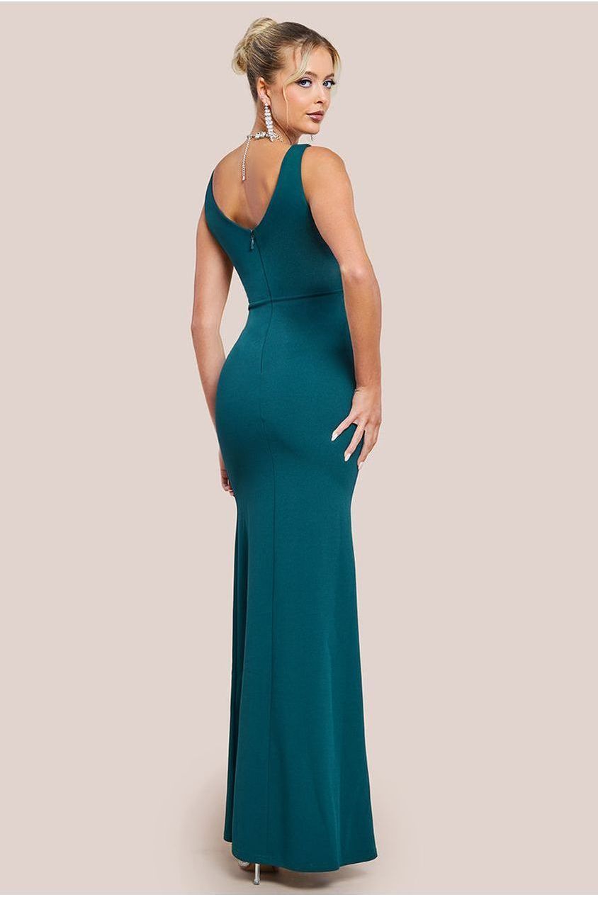 Goddiva Diamante Brooch Thigh Split Mermaid Maxi Dress - Emerald