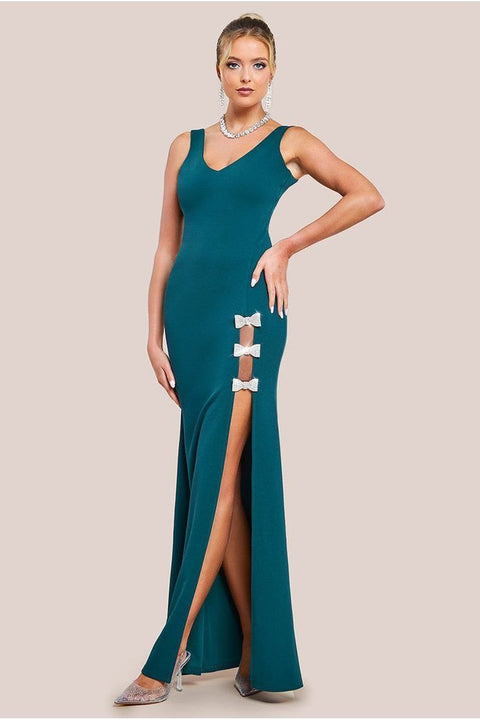 Goddiva Diamante Brooch Thigh Split Mermaid Maxi Dress - Emerald