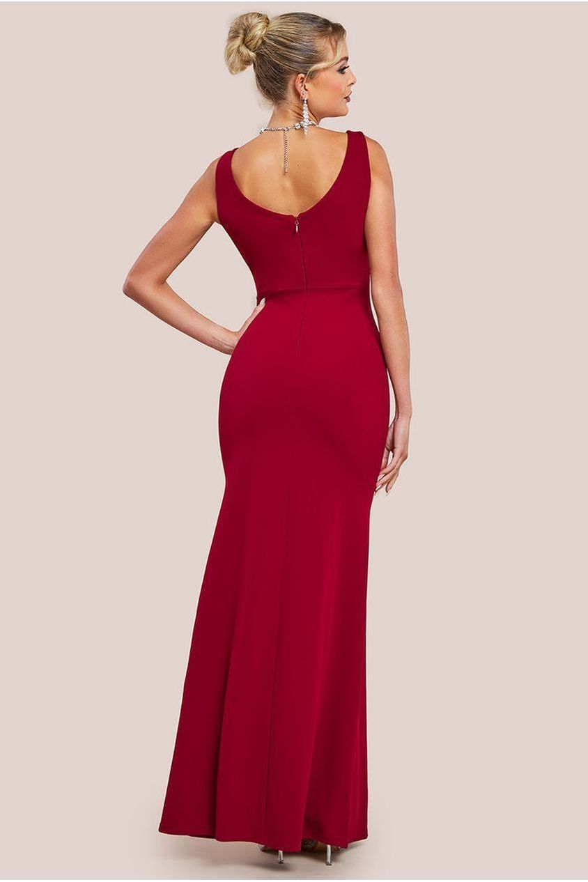 Goddiva Diamante Brooch Thigh Split Mermaid Maxi Dress - Wine