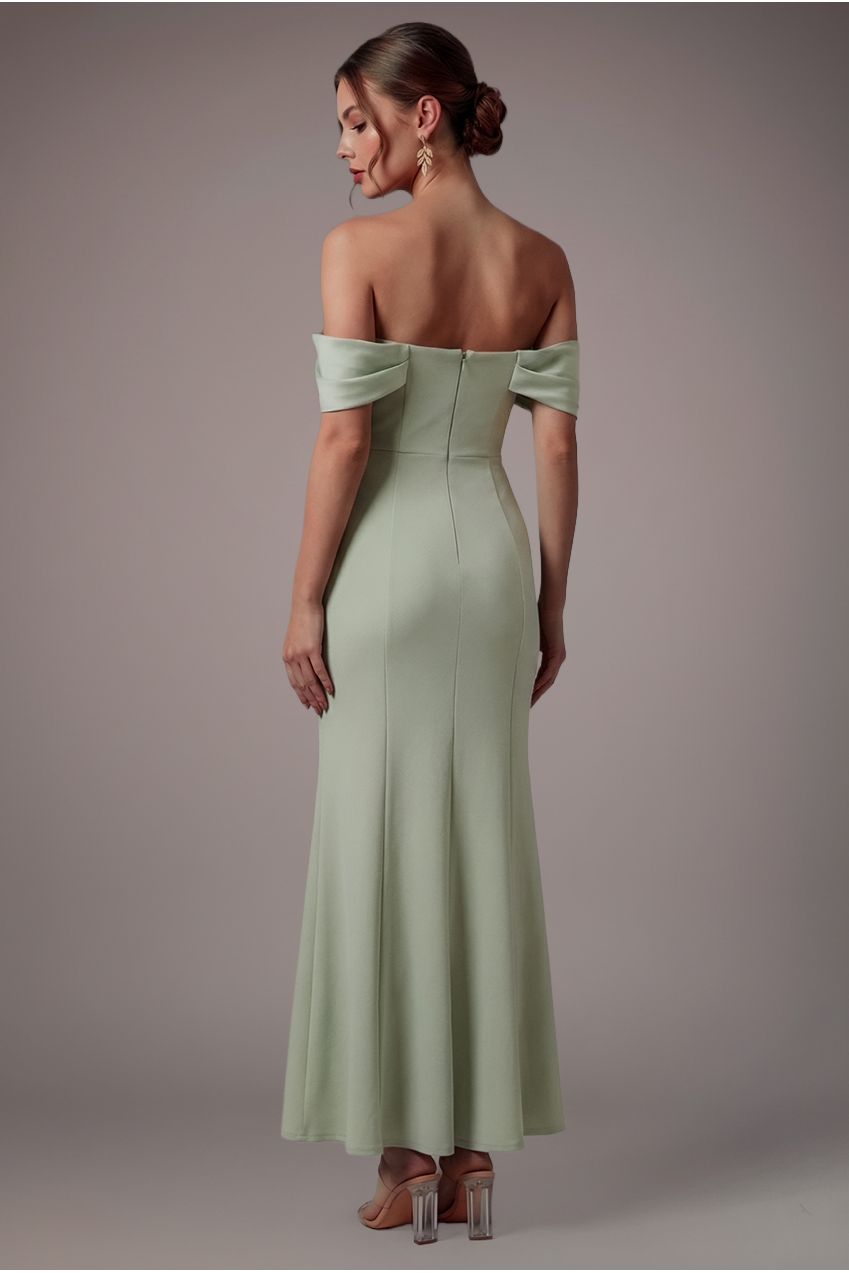 Goddiva Petite Bardot Scuba & Chiffon Cowl Maxi Dress - Sage Green