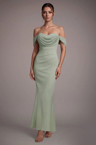 SageGreen - Goddiva Petite Bardot Scuba & Chiffon Cowl Maxi Dress - Sage Green