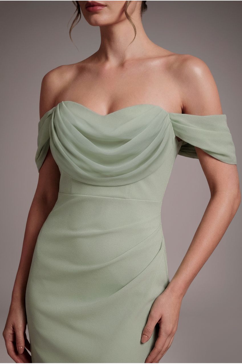 Goddiva Petite Bardot Scuba & Chiffon Cowl Maxi Dress - Sage Green