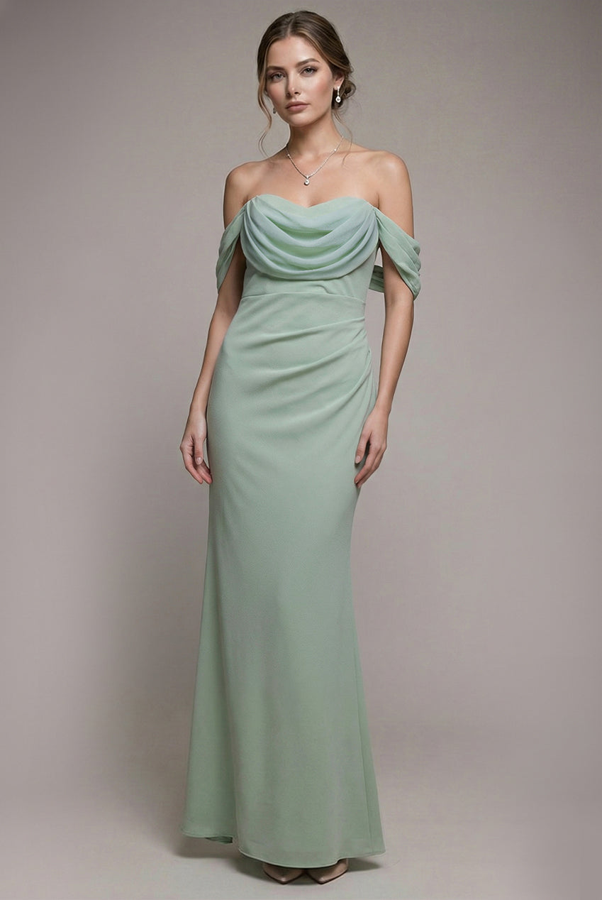 Goddiva Petite Bardot Scuba & Chiffon Cowl Maxi Dress - Sage Green