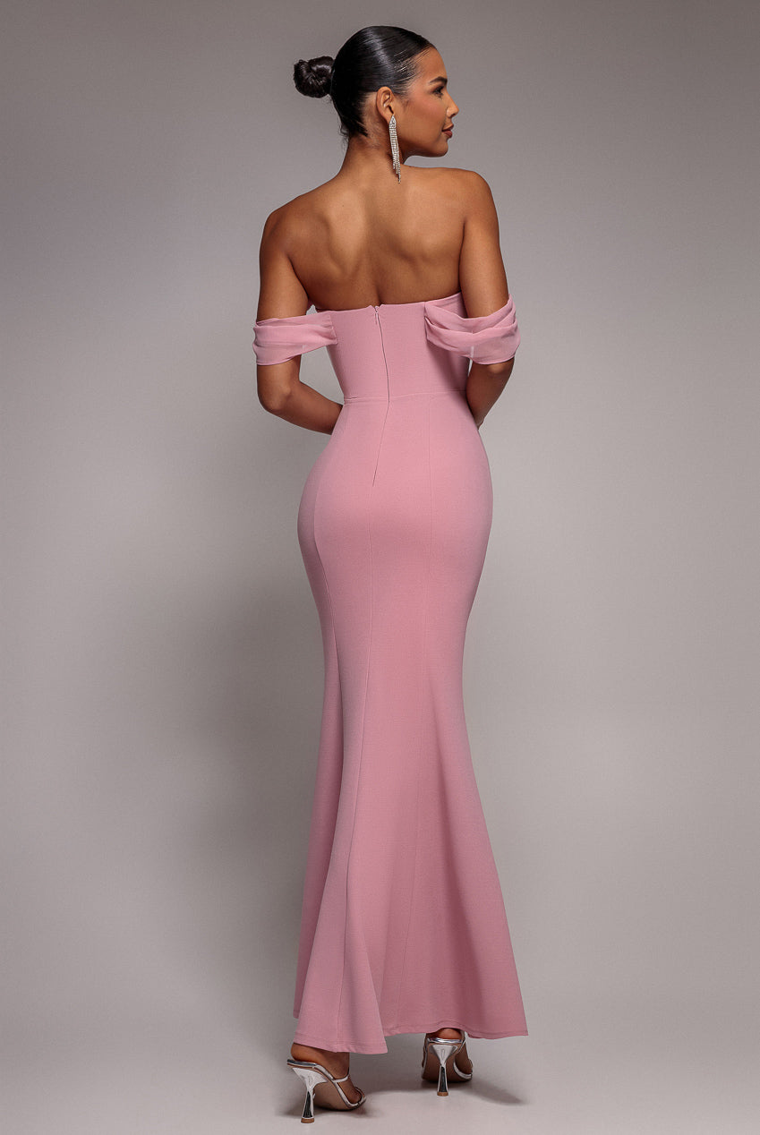 Goddiva Bardot Scuba & Chiffon Cowl Maxi Dress - Blush Pink