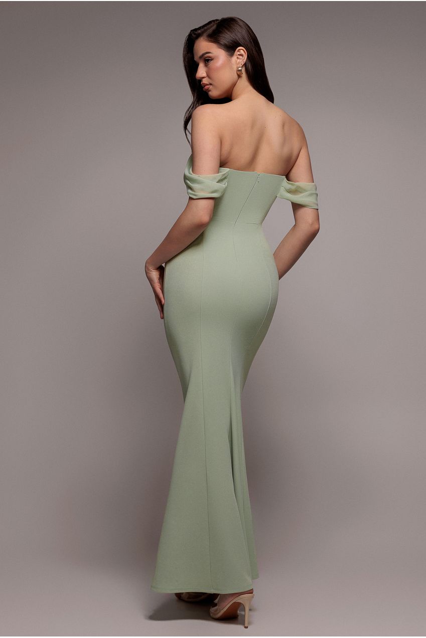 Goddiva Bardot Scuba & Chiffon Cowl Maxi Dress - Sage Green