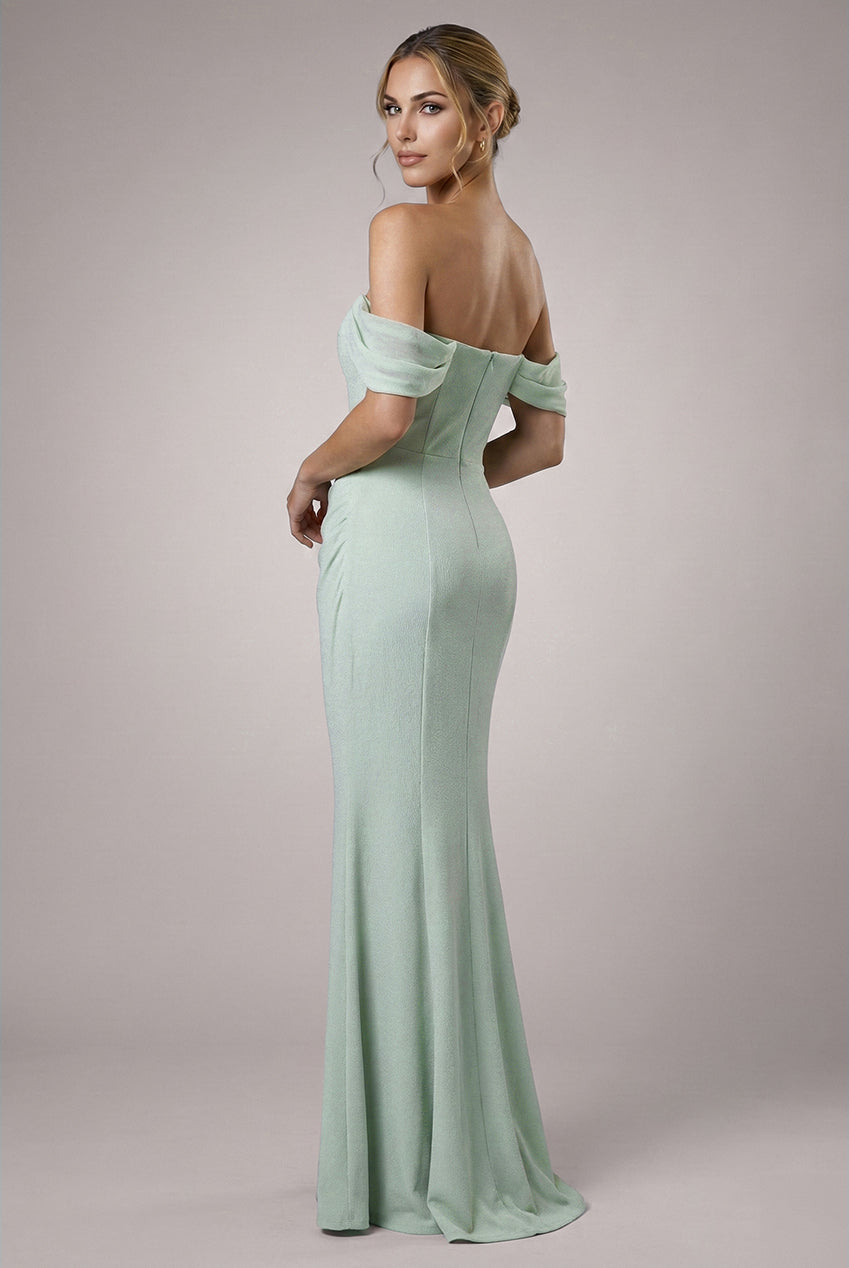 Goddiva Bardot Scuba & Chiffon Cowl Maxi Dress - Sage Green