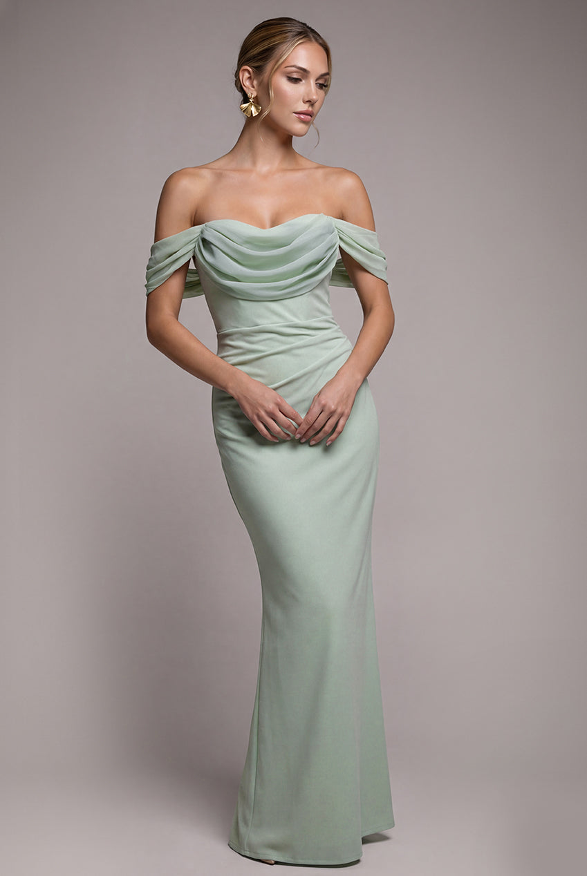 Goddiva Bardot Scuba & Chiffon Cowl Maxi Dress - Sage Green