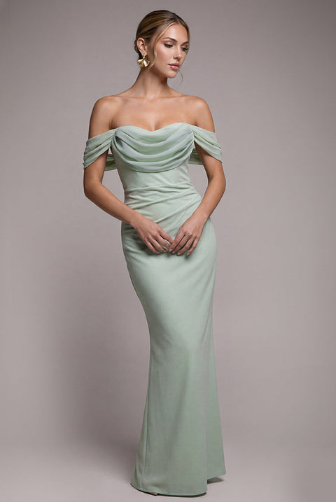 Goddiva Bardot Scuba & Chiffon Cowl Maxi Dress - Sage Green