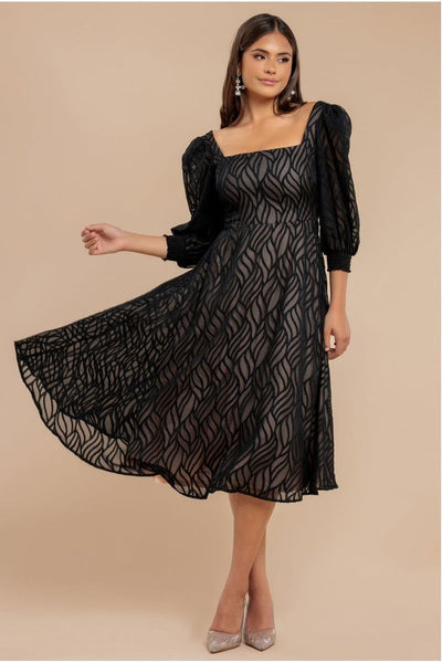 Black - Goddiva Puff Sleeve Side Slit Flared Jacquard Chiffon Midi Dress - Black