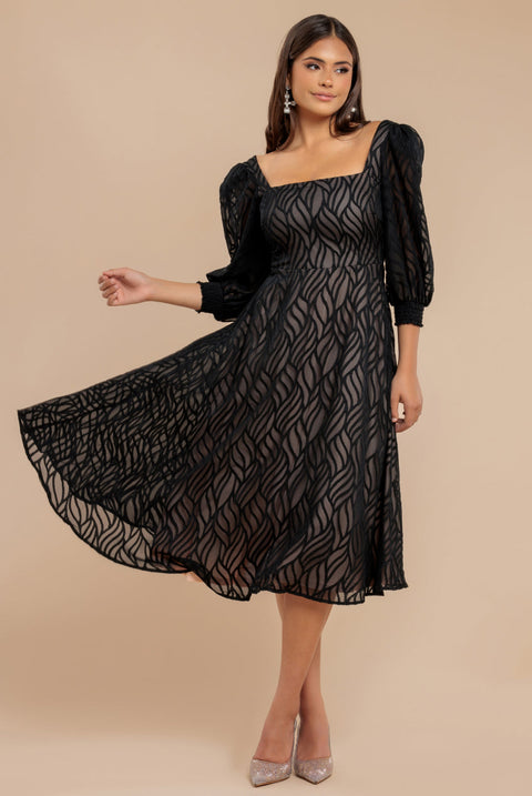 Goddiva Puff Sleeve Side Slit Flared Jacquard Chiffon Midi Dress - Black