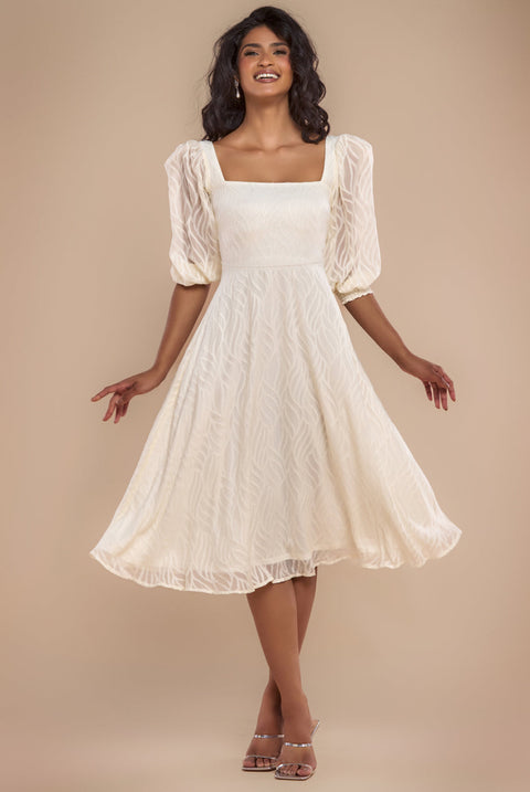 Goddiva Puff Sleeve Side Slit Flared Jacquard Chiffon Midi Dress - Cream