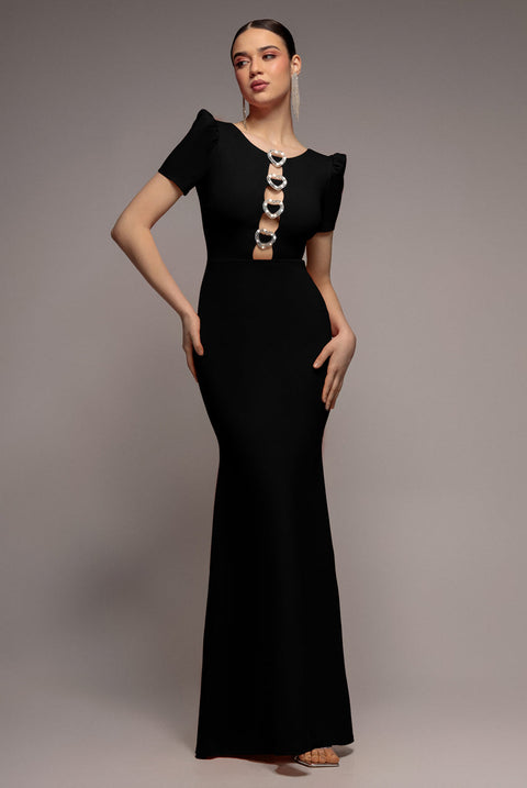 Goddiva Diamante Embellished Heart Brooch Scuba Maxi Dress - Black
