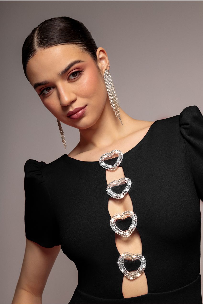 Goddiva Diamante Embellished Heart Brooch Scuba Maxi Dress - Black