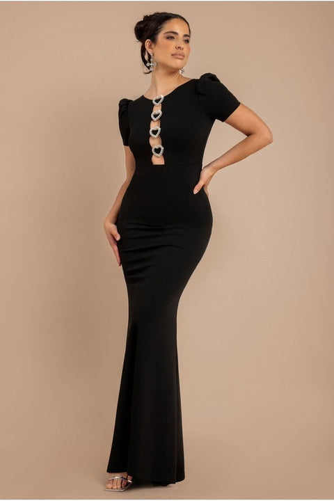 Goddiva Diamante Embellished Heart Brooch Scuba Maxi Dress - Black