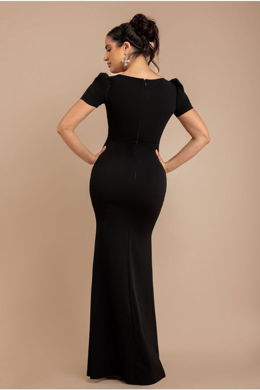 Goddiva Diamante Embellished Heart Brooch Scuba Maxi Dress - Black