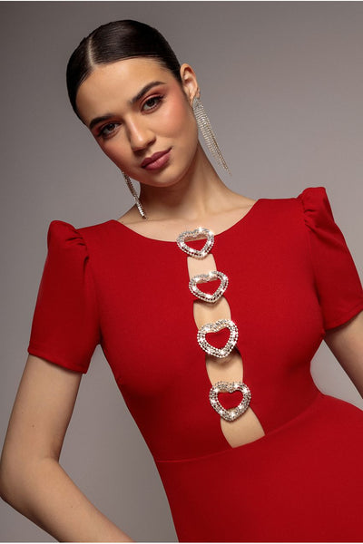 Red - Goddiva Diamante Embellished Heart Brooch Scuba Maxi Dress - Red