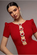 Goddiva Diamante Embellished Heart Brooch Scuba Maxi Dress - Red