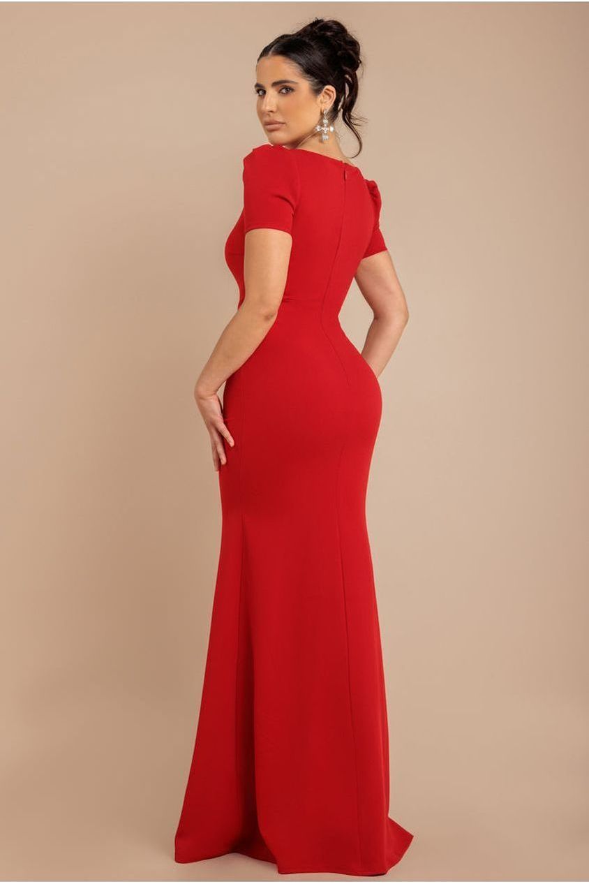 Goddiva Diamante Embellished Heart Brooch Scuba Maxi Dress - Red