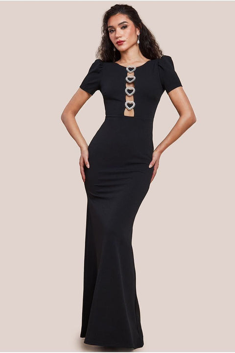 Goddiva Diamante Embellished Heart Brooch Scuba Maxi Dress - Black