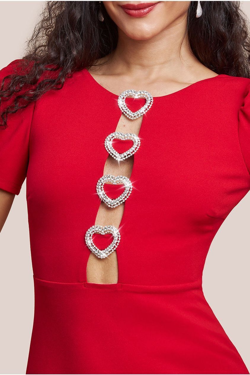 Goddiva Diamante Embellished Heart Brooch Scuba Maxi Dress - Red